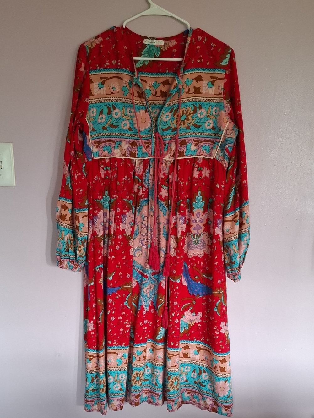 Red Floral Boho Long-Sleeve Midi Dress with Turquoise Accents